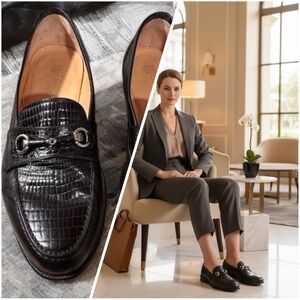 Caporicci Genuine Crocodile/Alligator Leather Bit Loafer Slip On Shoes Black EUC